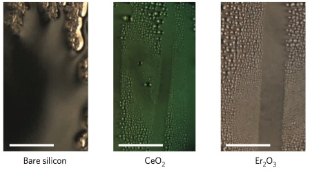 A comparison of filmwise steam condensation on silicon versus the two REO hydrophobic surfaces. Credit: Varanasi Research Group; Nature.