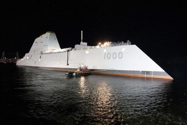 131028-O-ZZ999-103
BATH, Maine (Oct. 28, 2013) The Zumwalt-class guided-missile destroyer DDG 1000 is floated out of dry dock at the General Dynamics Bath Iron Works shipyard. The ship, the first of three Zumwalt-class destroyers, will provide independent forward presence and deterrence, support special operations forces and operate as part of joint and combined expeditionary forces. The lead ship and class are named in honor of former Chief of Naval Operations Adm. Elmo R. "Bud" Zumwalt Jr., who served as chief of naval operations from 1970-1974. (U.S. Navy photo courtesy of General Dynamics/Released)