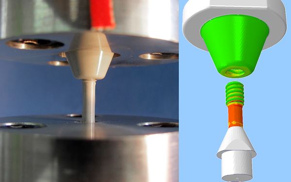 Testing the stress resistance of a newly designed ceramic swivel joint with 4 mm screw diameter: in real life on the left, virtually on the right, using computer simulation (inverse modelling).