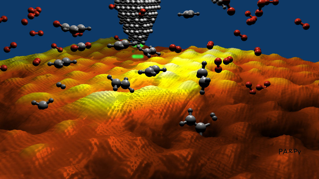 Dancing Molecules on Graphene (data acquired using Gxsm+MK2-A810)
Rendering of the tip of a scanning tunneling microscope (STM) probing individual molecules when they
adsorb on graphene (a single-atom thin sheet of carbon) bound to the surface of ruthenium metal.