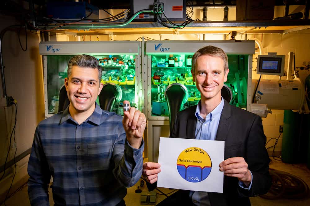 Postdoctoral Researcher Ben Zahirisabzevar, left, and Professor Paul Braun have found developed a way to improve solid-state battery technology that involves organizing the crystal structure within the cell to an atomically orderly fashion, it leads to improved performance in the cell.