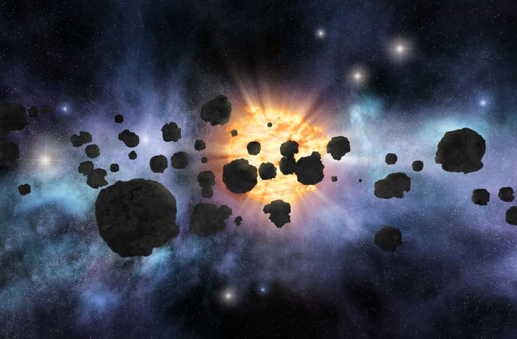 Asteroid belt with bright star and nebulae on background