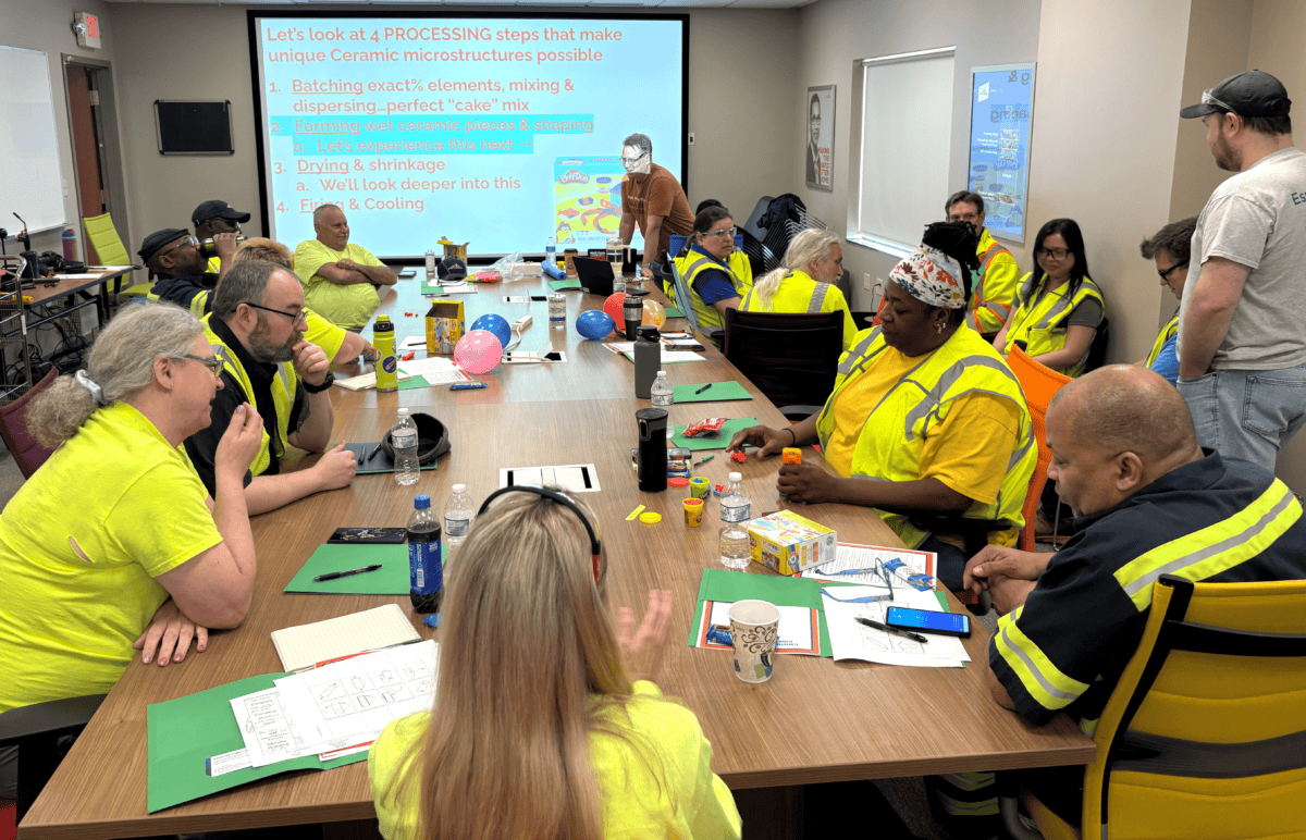 Ceramics essentials technician workshop: Team learning about ceramic microstructure processing steps with Play-Doh.