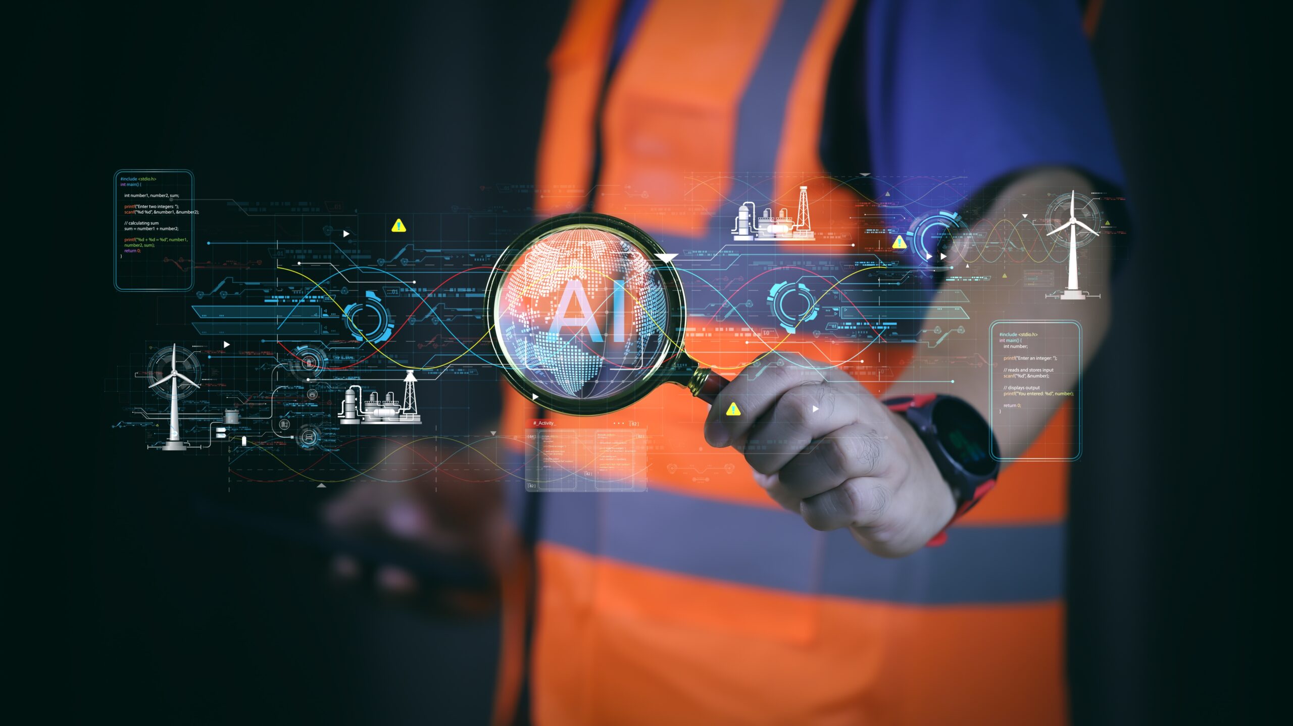 Worker holding magnifying glass over AI-enhanced global industrial data. AI/ML workshop concept.