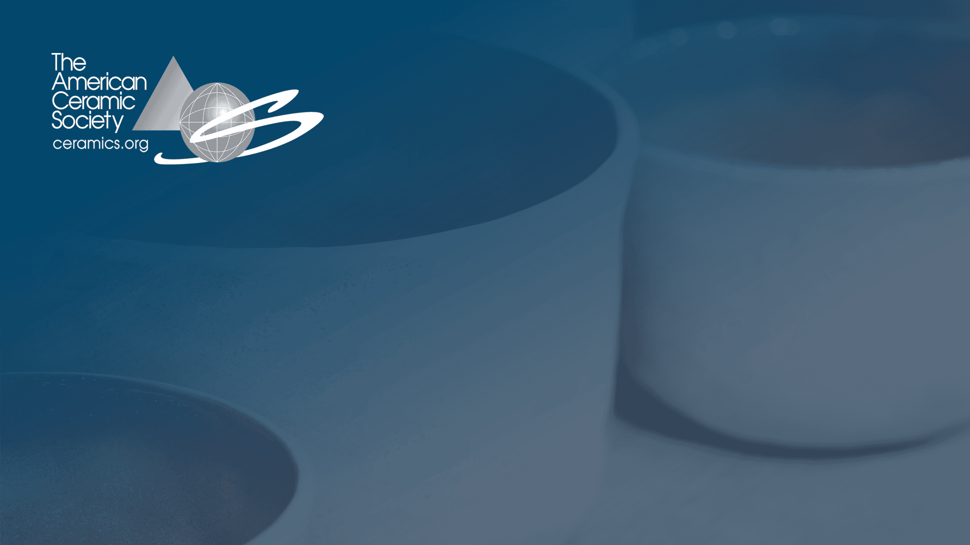 The American Ceramic Society logo over ceramic crucibles, showcasing advanced ceramic materials.