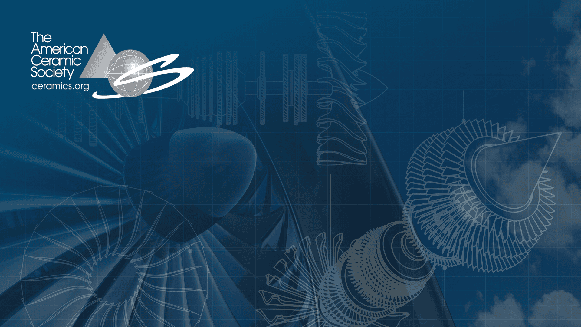 The American Ceramic Society logo over a blueprint of a jet engine.
