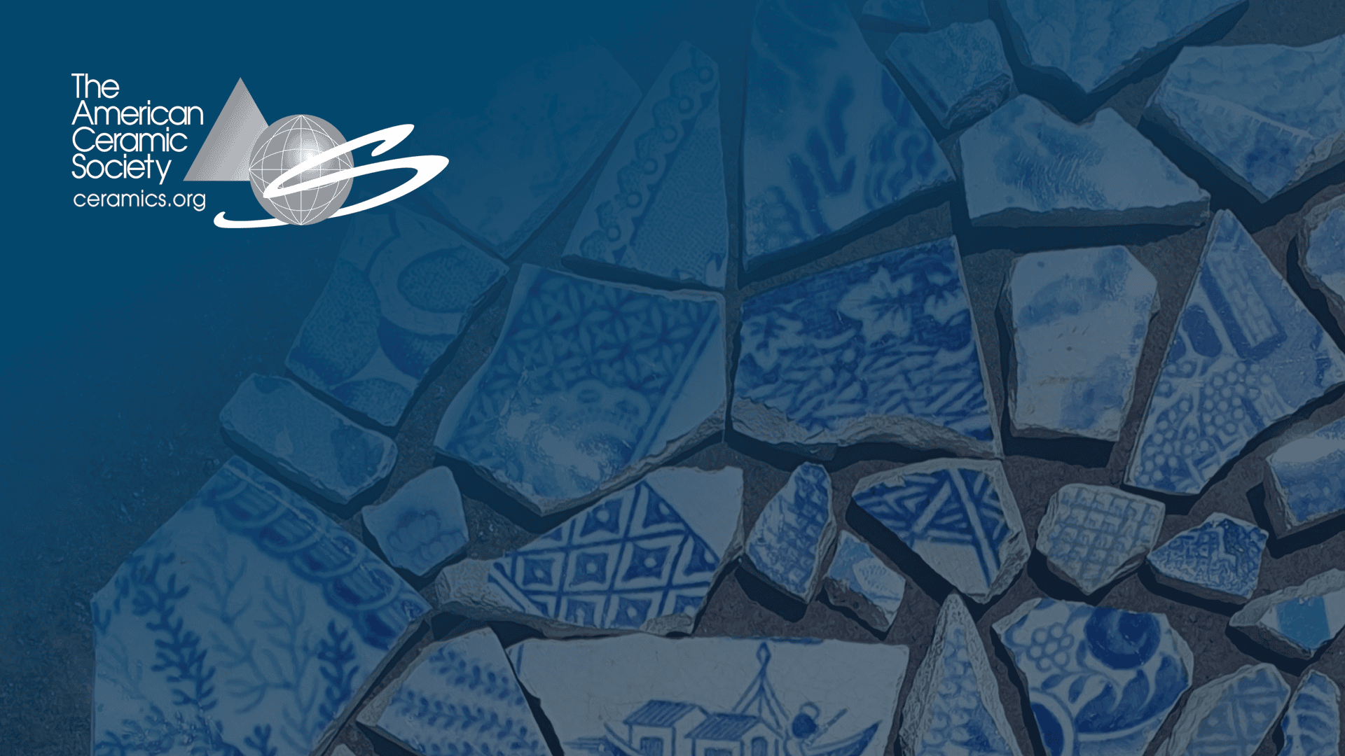 American Ceramic Society logo over broken blue and white pottery shards, suitable for ACerS Teams backgrounds.